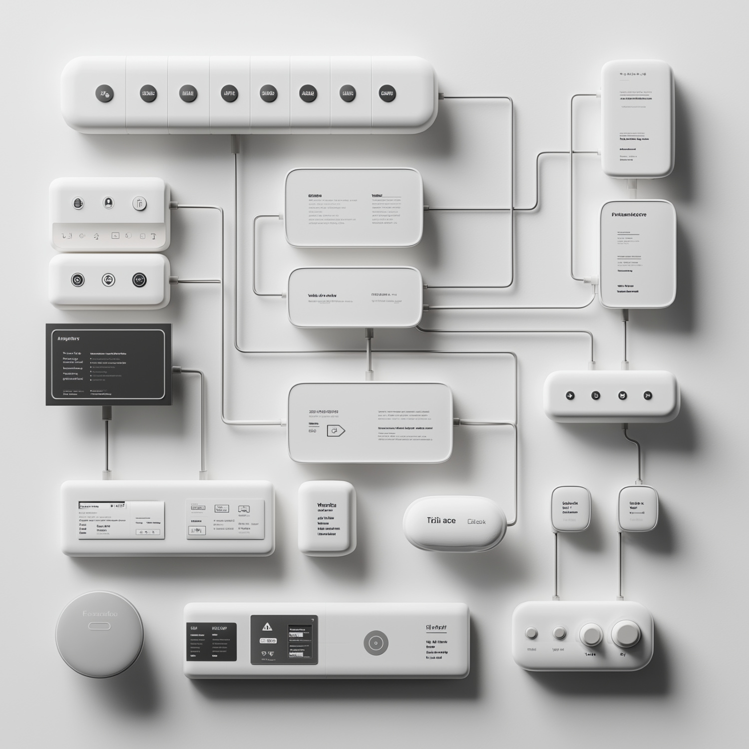 AI Automation Concept A collection of interconnected white electronic modules with various buttons, screens, and labels arranged on a light surface—perfect for building a Custom Intelligent Workflow or experimenting with AI Automation.