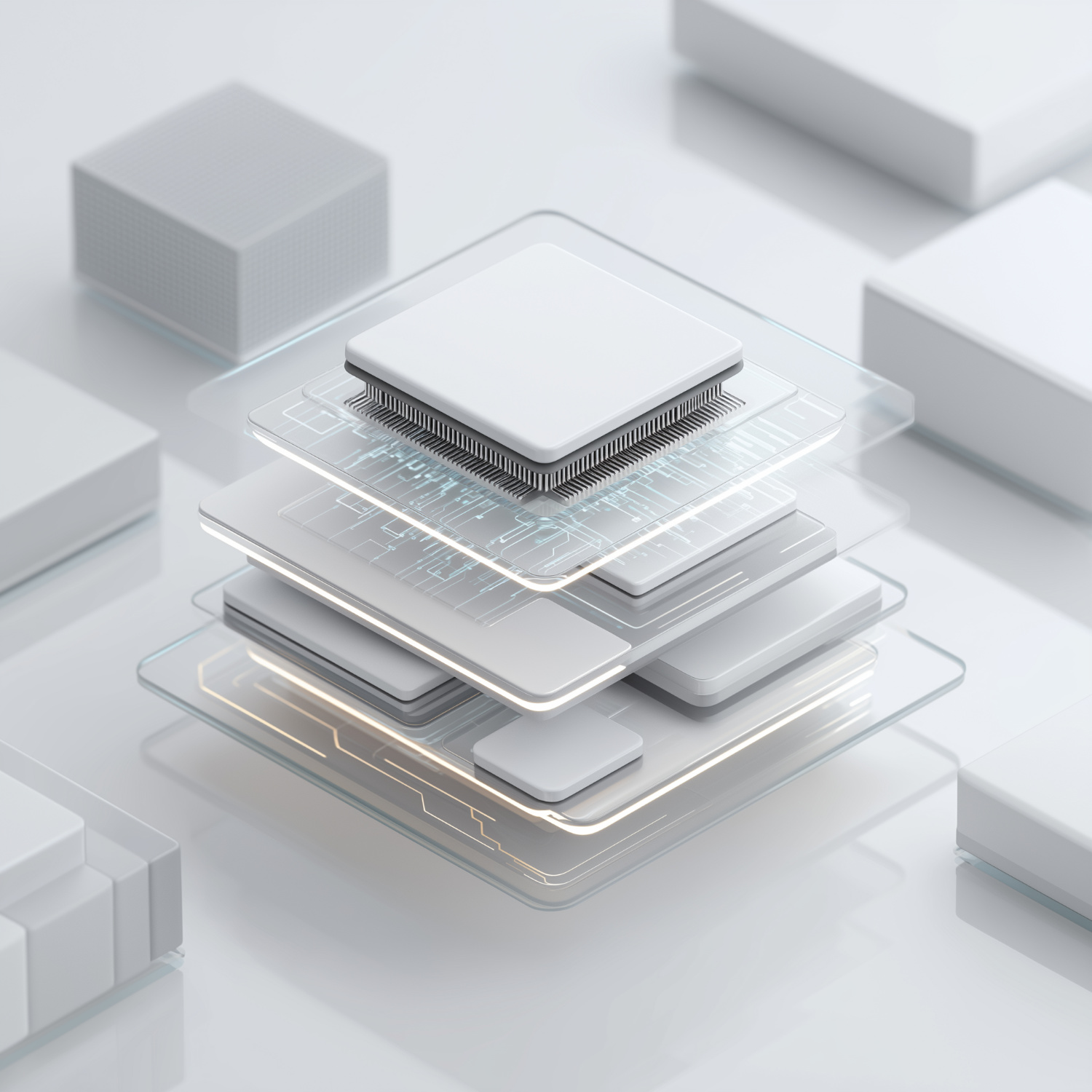 AI Strategic Thinking A 3D illustration of layered computer chips and circuit boards in a floating, exploded view, perfectly capturing the complexity of custom built systems for the AI era.
