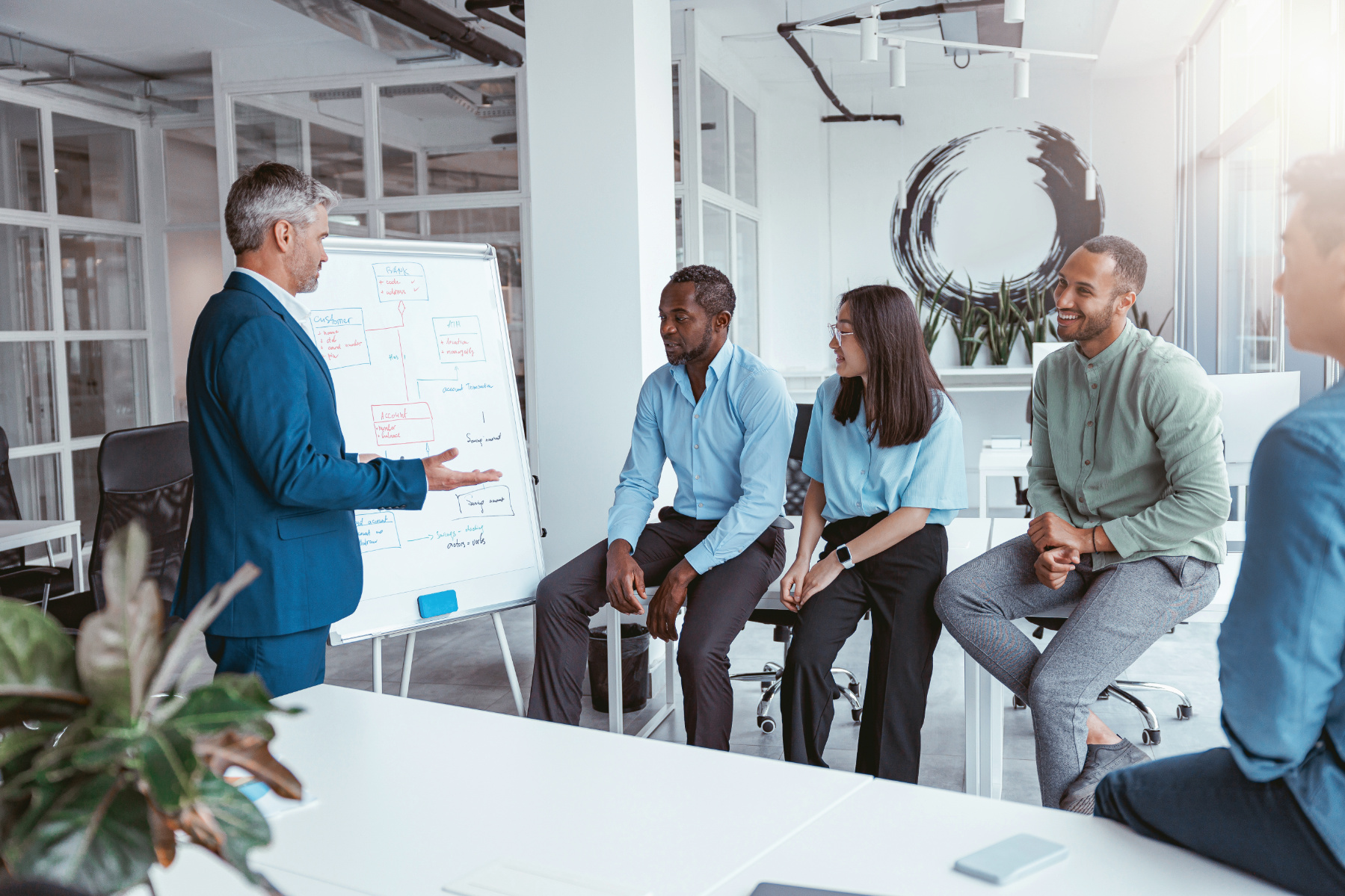 Custom AI Agents A man in a suit presents to four colleagues seated near a whiteboard with diagrams, discussing intelligent workflow solutions in a modern office setting.