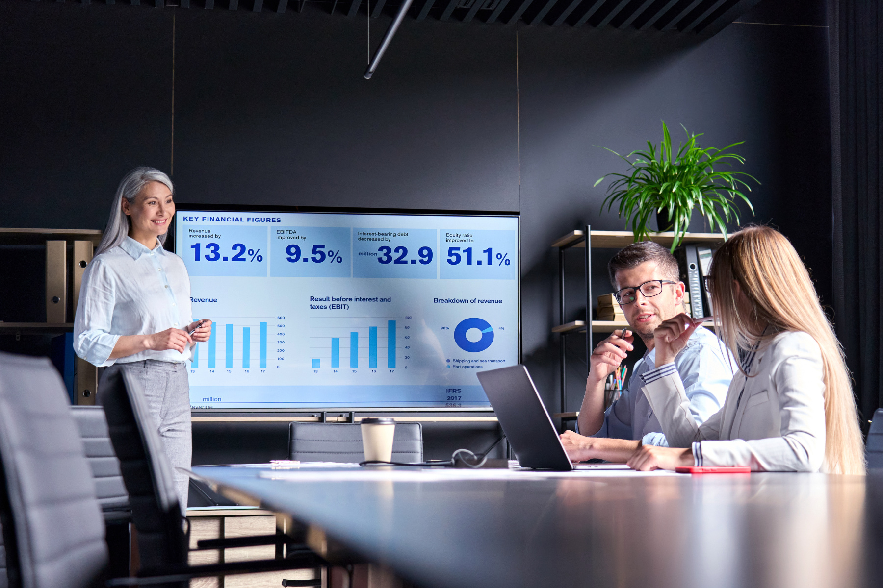 AI Agents ROI Three people in a modern conference room discuss financial data, including ROI and key KPIs for AI agents, displayed on a screen with figures and charts.