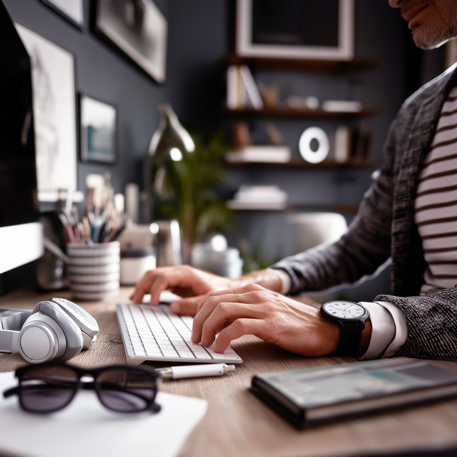 Operator Mindset A person with an Operator Mindset types on a keyboard at a modern desk, surrounded by headphones, glasses, a tablet, and office supplies in a well-organized workspace—perfect for Custom Web Design.