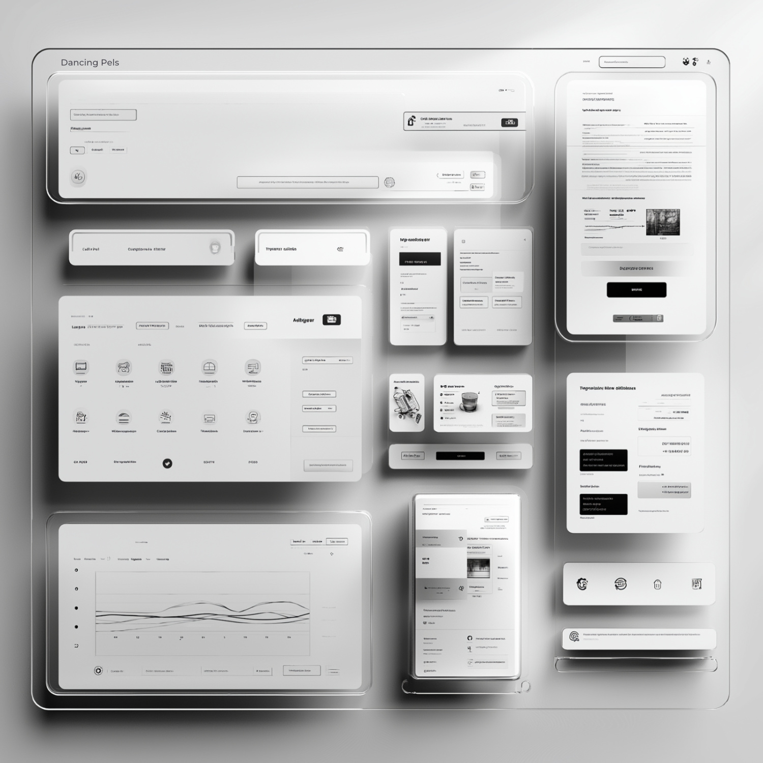 Web Design Concept A grayscale UI design mockup showcasing Custom Web Design elements for both desktop and mobile views, featuring charts, menus, icons, forms, buttons, and navigation bars.